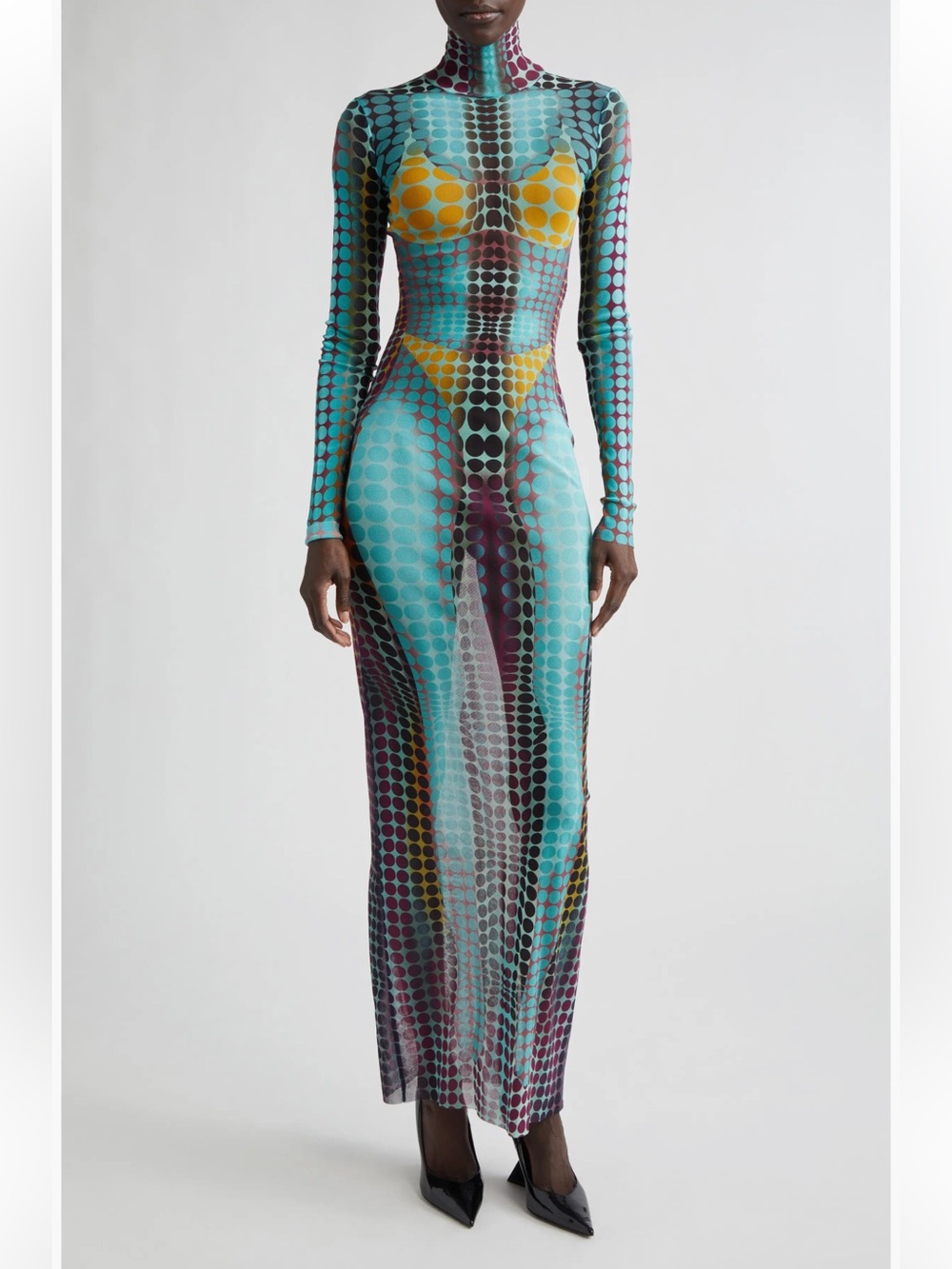 Jean Paul Gaultier Re-Edition Polka Dot Trompe l'Oeil Long Sleeve Mesh Dress, XS